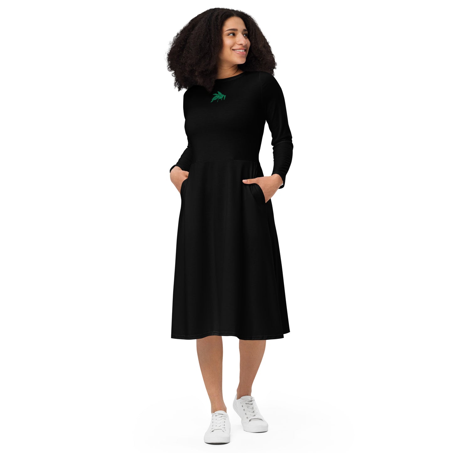 Black long sleeve midi dress "plus size available"
