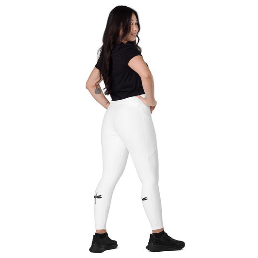 White Crossover leggings with pockets and small dragonfly